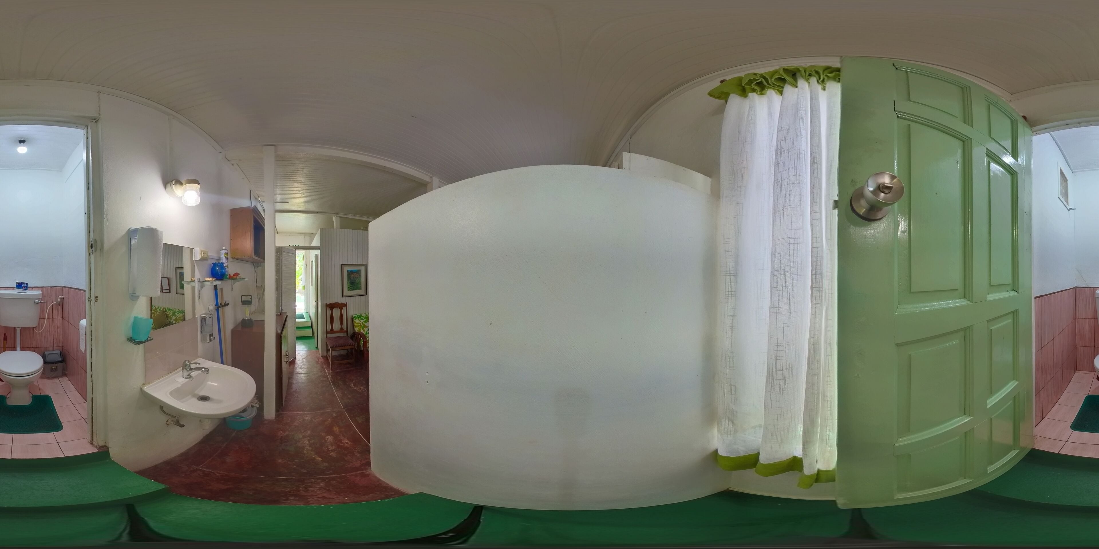A bathroom with a toilet, sink, and green mat.