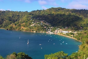 A coastal town with a bay, boats, and houses on a hillside. - CHOLSON CHALETS LIMITED (Charlotteville)