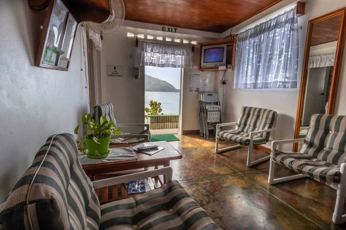A room with striped sofas, a small table with a plant, a television, and a view of the sea.