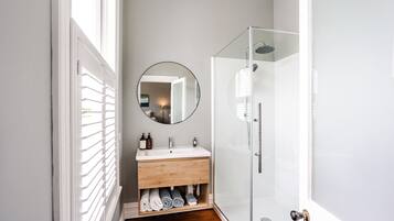 Bathtub, hair dryer, towels, soap