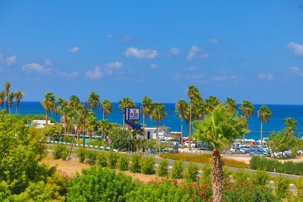 A coastal area with palm trees, a road, and parked cars. - Villa Arbanassi Latchi, beach, pool, A/C, WiFi, garden, views (Latchi Beach)