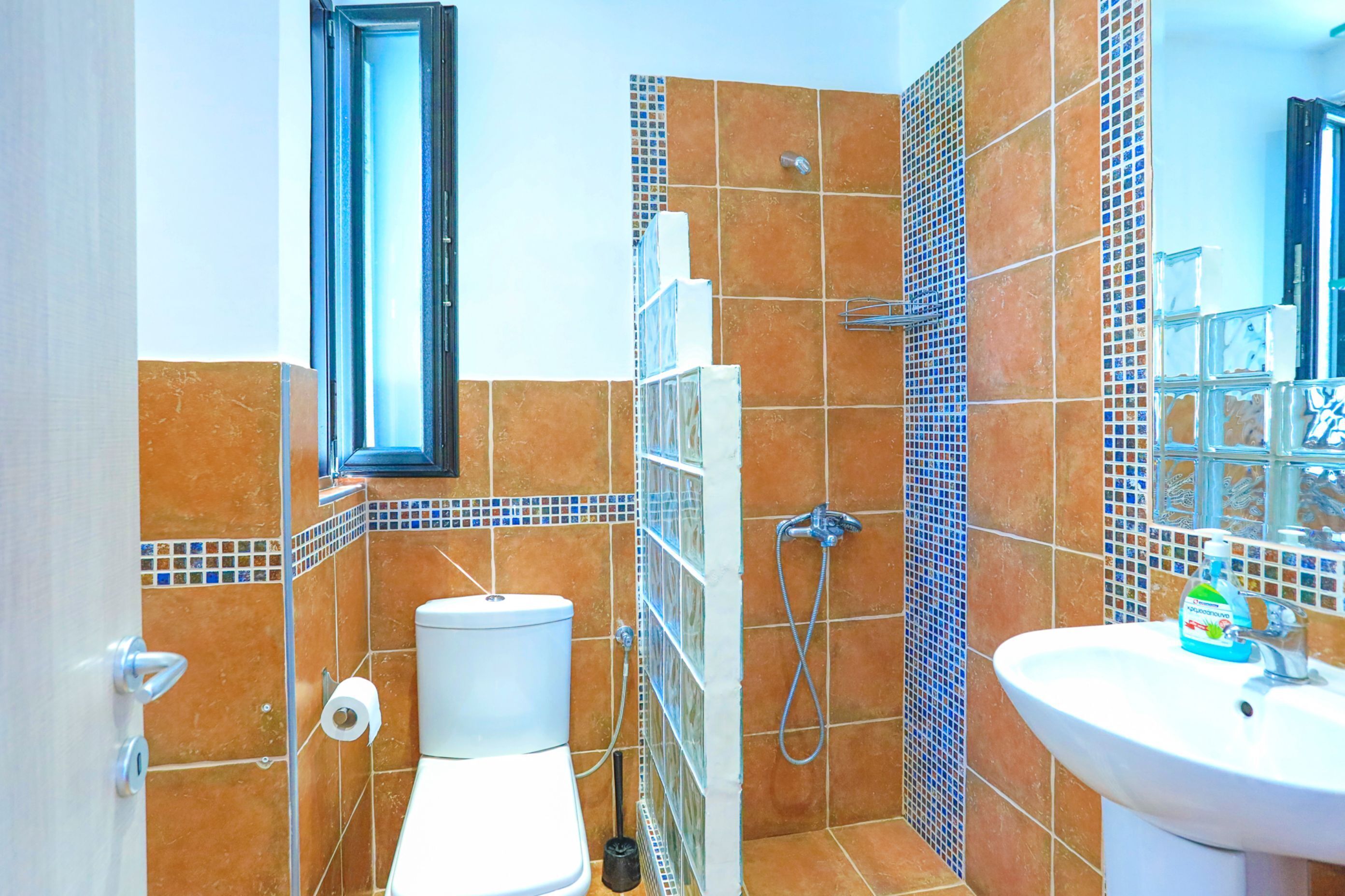Een badkamer met toilet, wastafel en douche.