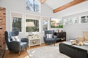 Smart TV, fireplace, books