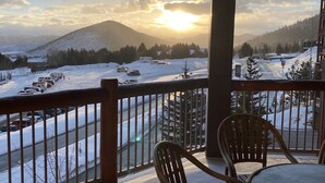 A covered outdoor area with a view of a snowy landscape and mountains.