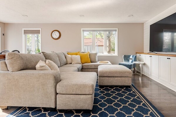 Smart TV, fireplace, books