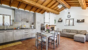 Et moderne køkken med spiseplads, pejs og en stue med sofa.