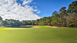 A golf course with a clear sky, a well-maintained green, and a line of trees in the background.