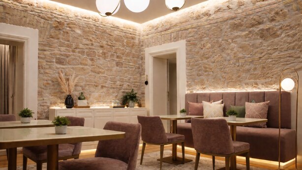 A room with a stone wall, a sofa, a dining table, and chairs. - Martina Suites (Rome)