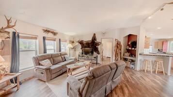 Televisión, chimenea y oficina