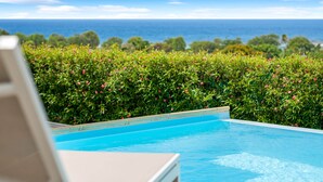Une piscine offrant une vue sur l’océan et une végétation luxuriante.