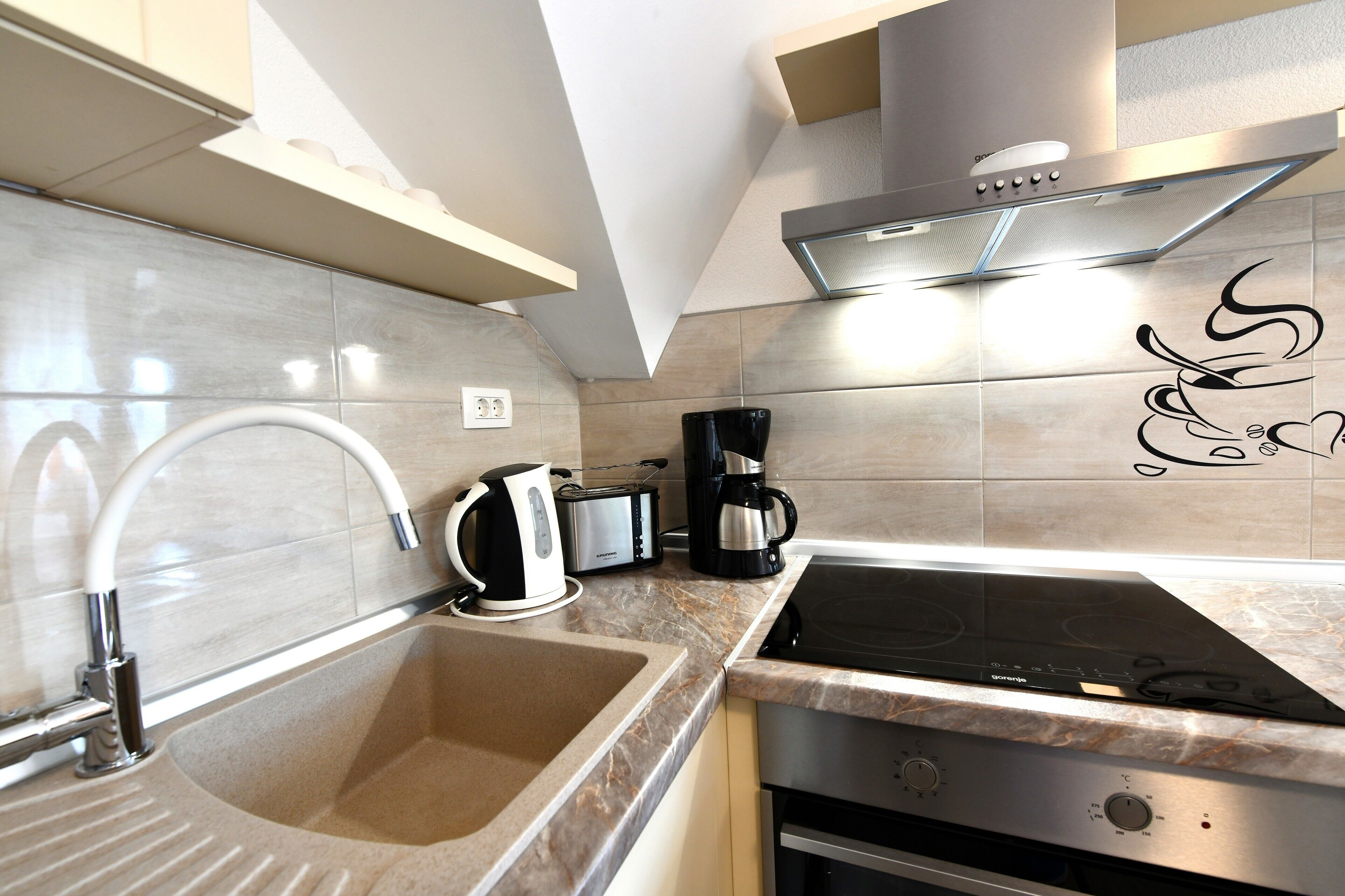 Fridge, microwave, dishwasher, toaster