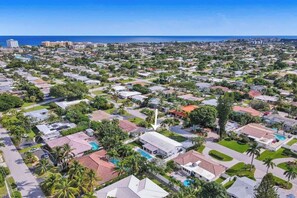 A residential area with houses, some with pools, and a clear view of the ocean.