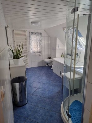 Bañera, secador de pelo, toallas, papel higiénico