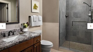 Combined shower/tub, hair dryer, towels, soap