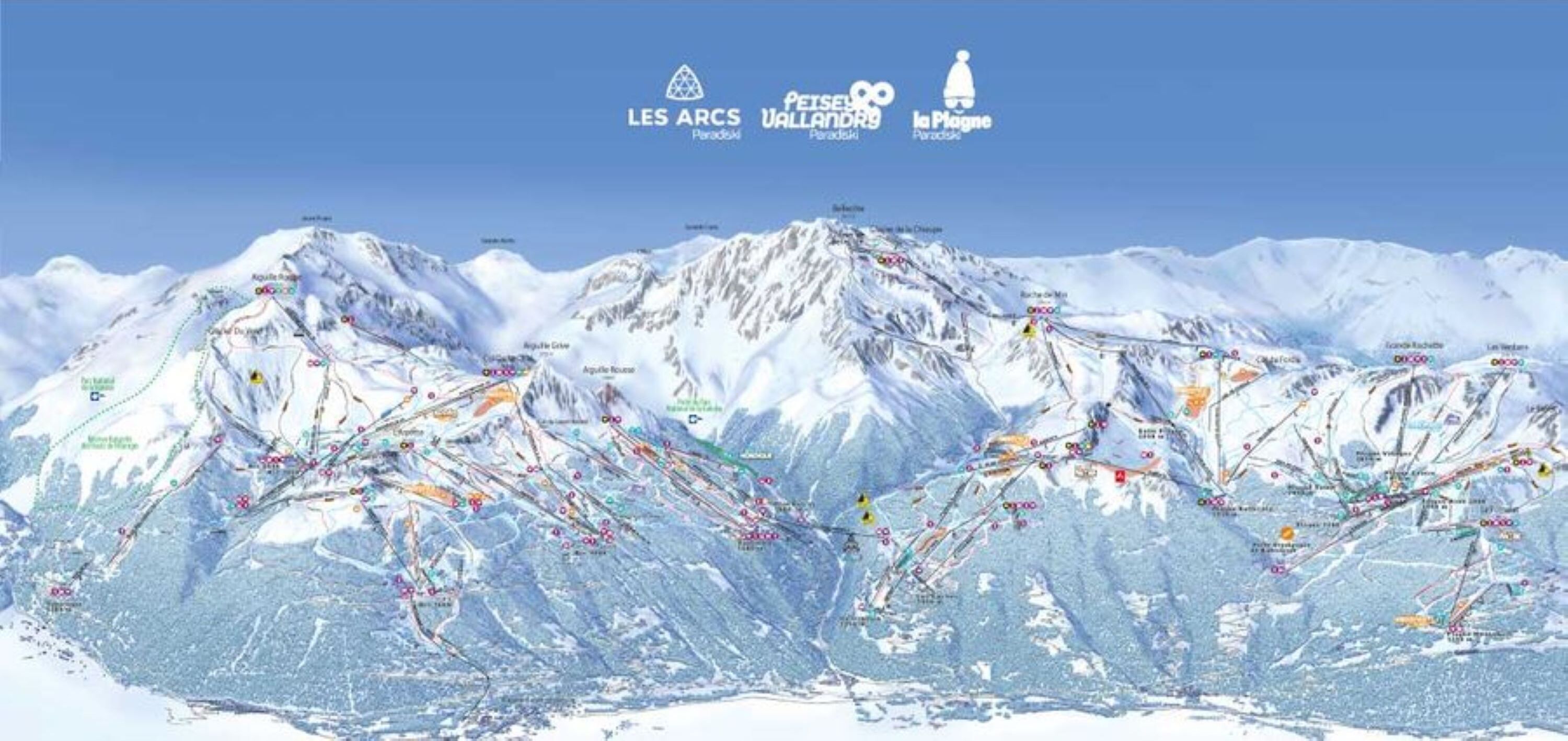 A detailed ski resort map with marked ski trails and lifts.