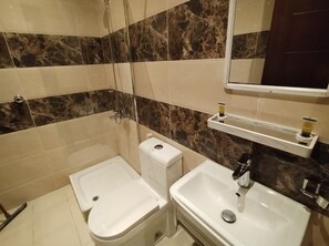 Une salle de bain équipée de toilettes, d’un bidet et d’un lavabo.