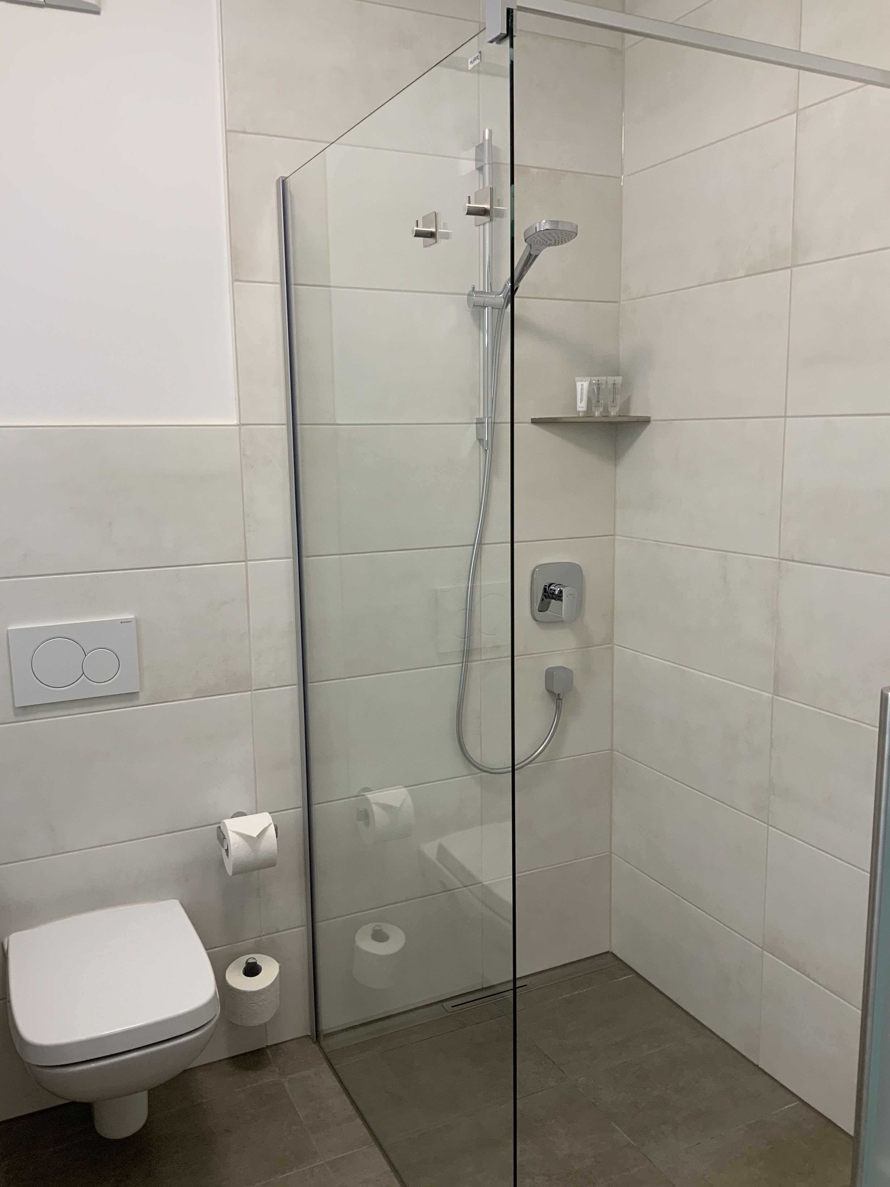 A modern bathroom with a glass-enclosed shower, a toilet, and a small shelf with toiletries.