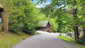 Eine Holzhütte mit einem Metall-Dach, umgeben von dichtem Grün und einer gepflasterten Auffahrt.