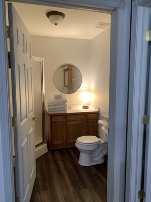 Combined shower/bathtub, hair dryer, towels, soap
