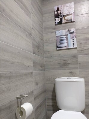 Dusche, Haartrockner, Handtücher, Toilettenpapier