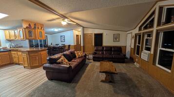 Smart TV, fireplace, foosball, books