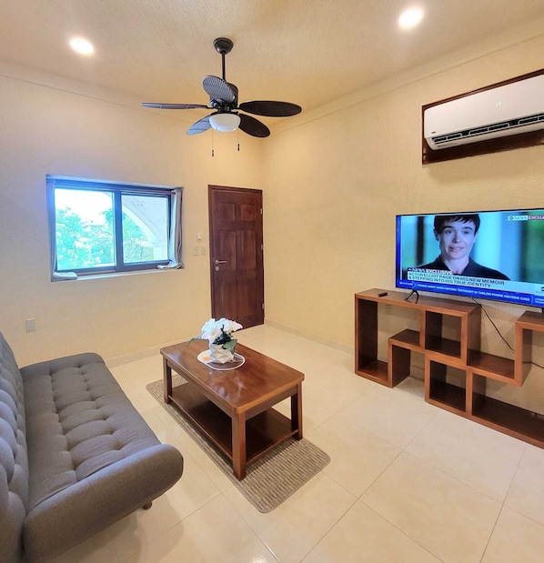 A living room with a sofa, a coffee table with a vase, a ceiling fan, a TV on a stand, and a door.
