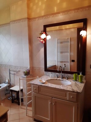 Bathtub, hair dryer, bidet, towels