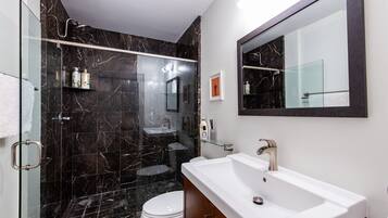 Combined shower/tub, hair dryer, towels, soap