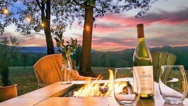 A table with a bottle of wine, two glasses, a fire pit, and a view of mountains.