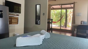 Habitación de hotel con una cama, televisión, escritorio y vistas al exterior.