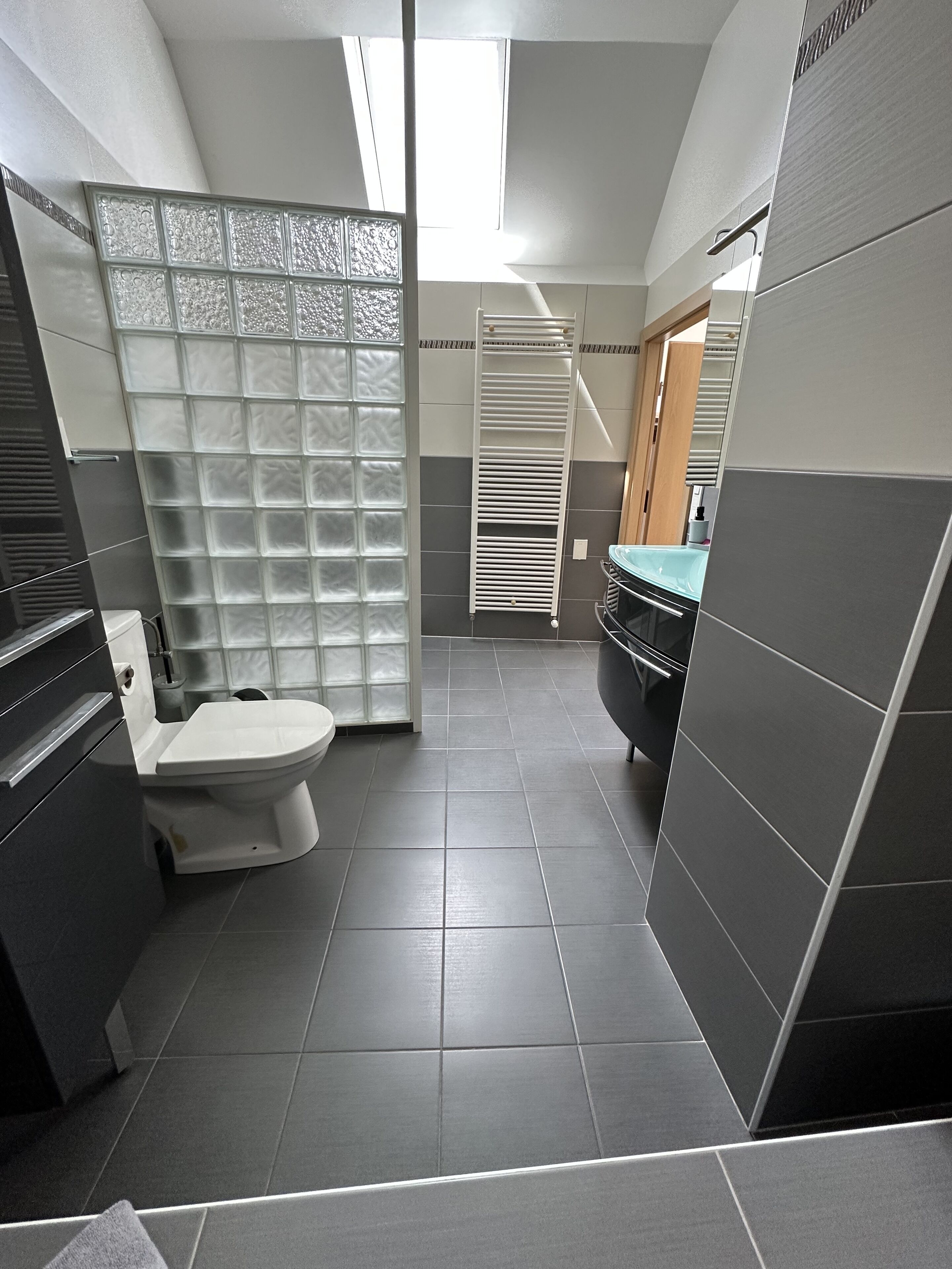 Une salle de bain moderne équipée de toilettes, d’un lavabo et d’un espace douche.