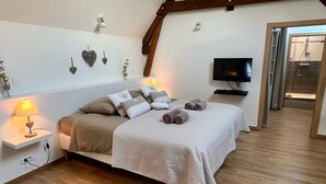 Ein Schlafzimmer mit einem Bett, Nachttischlampen, einem Fernseher und einem Duschbereich.