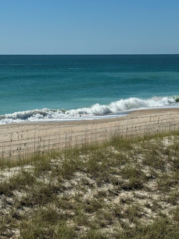 A beach with waves, a sandy shore, and a grassy foreground.