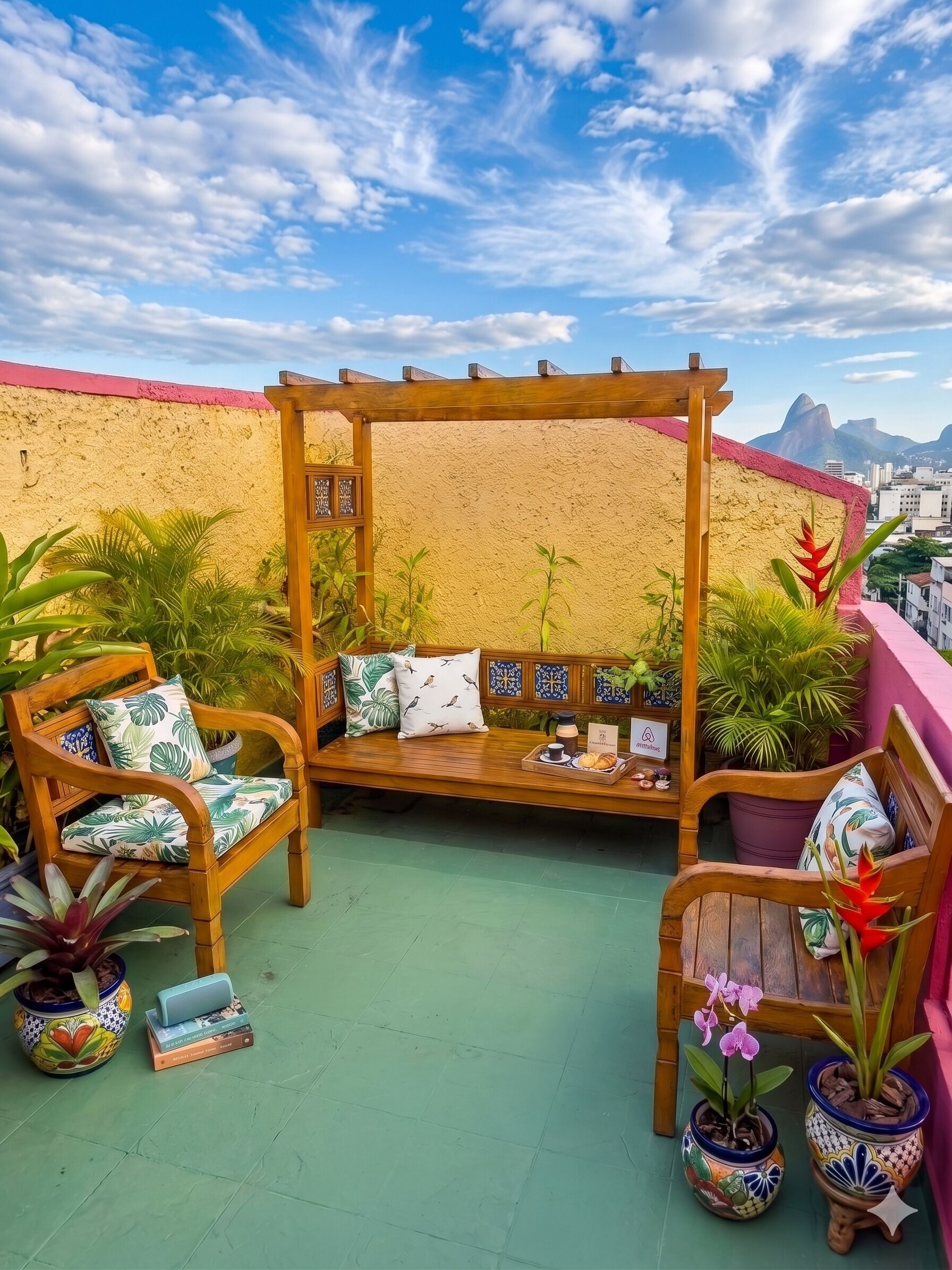 A wooden bench with cushions, surrounded by potted plants, on a rooftop terrace with a cityscape view.