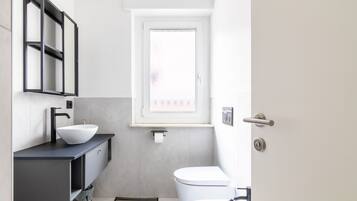 Shower, hair dryer, bidet, towels