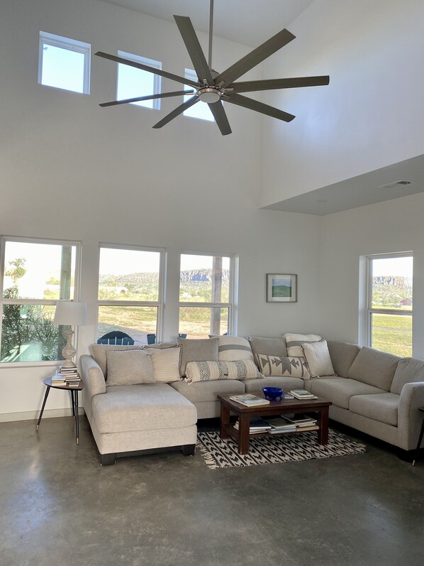 Smart TV, fireplace, books, stereo