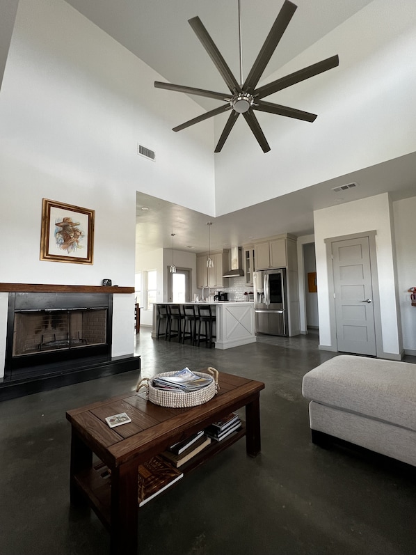 Smart TV, fireplace, books, stereo