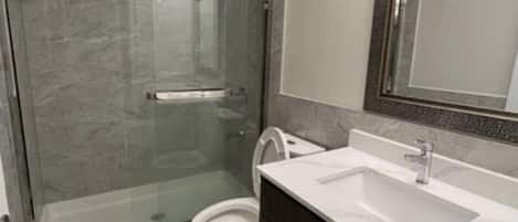 Shower, bidet, towels, soap
