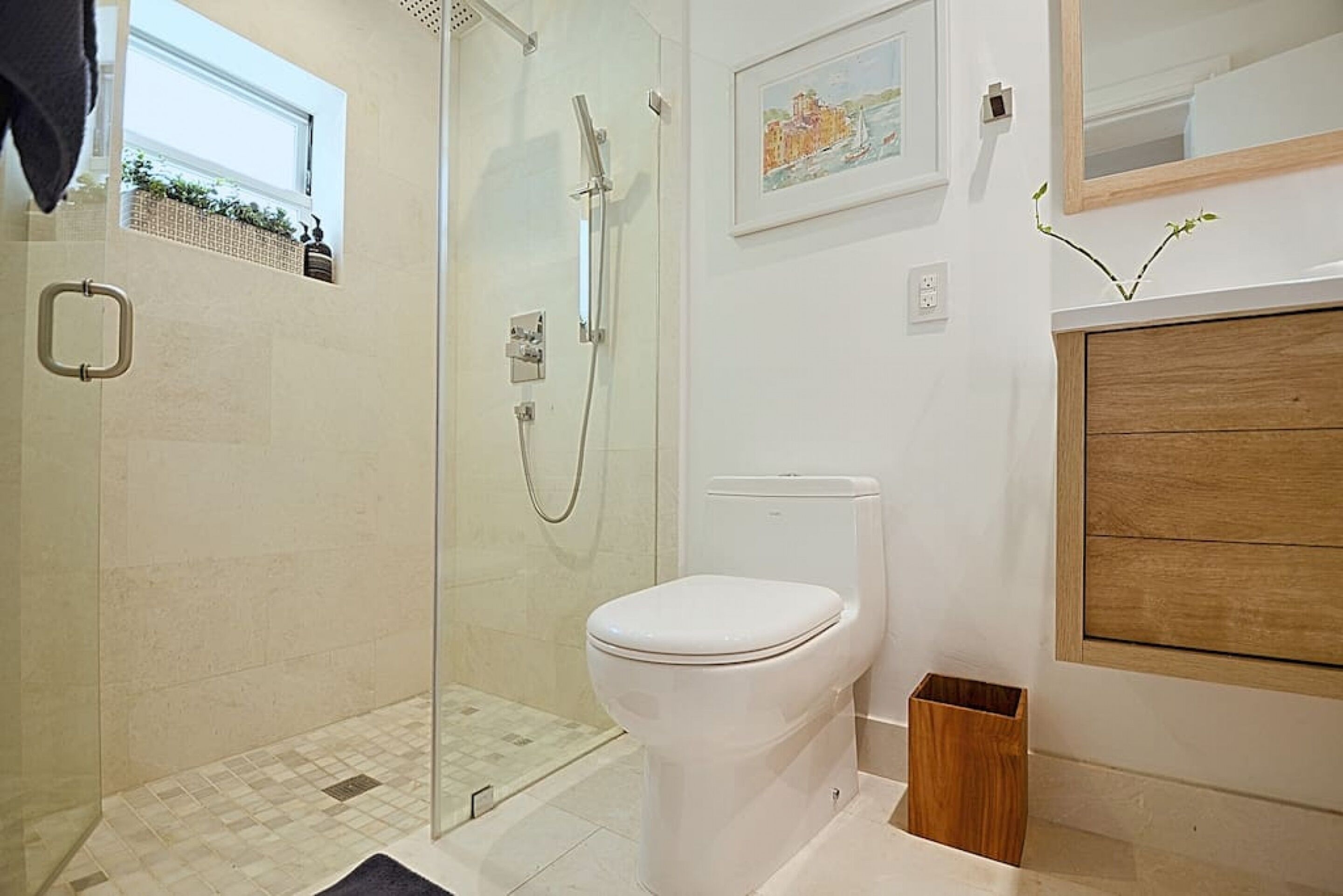 A modern bathroom with a glass shower enclosure, a white toilet, and a wooden vanity.