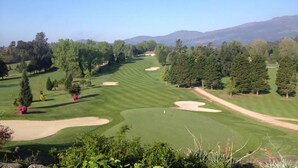 Un campo de golf con calles bien cuidadas, búnkeres de arena y diversas especies de árboles.