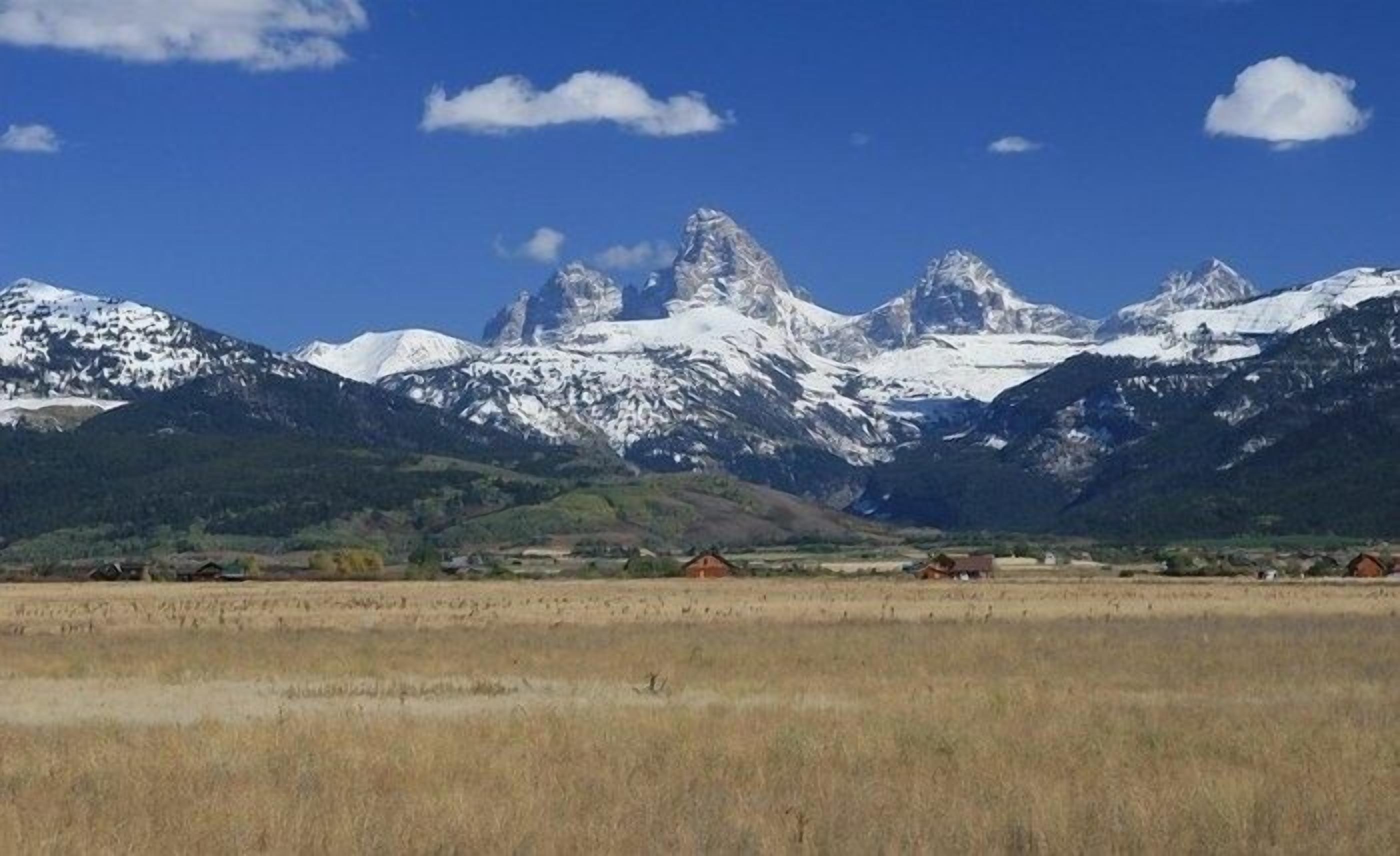 Un paisaje montañoso con picos nevados y un campo llano en primer plano.