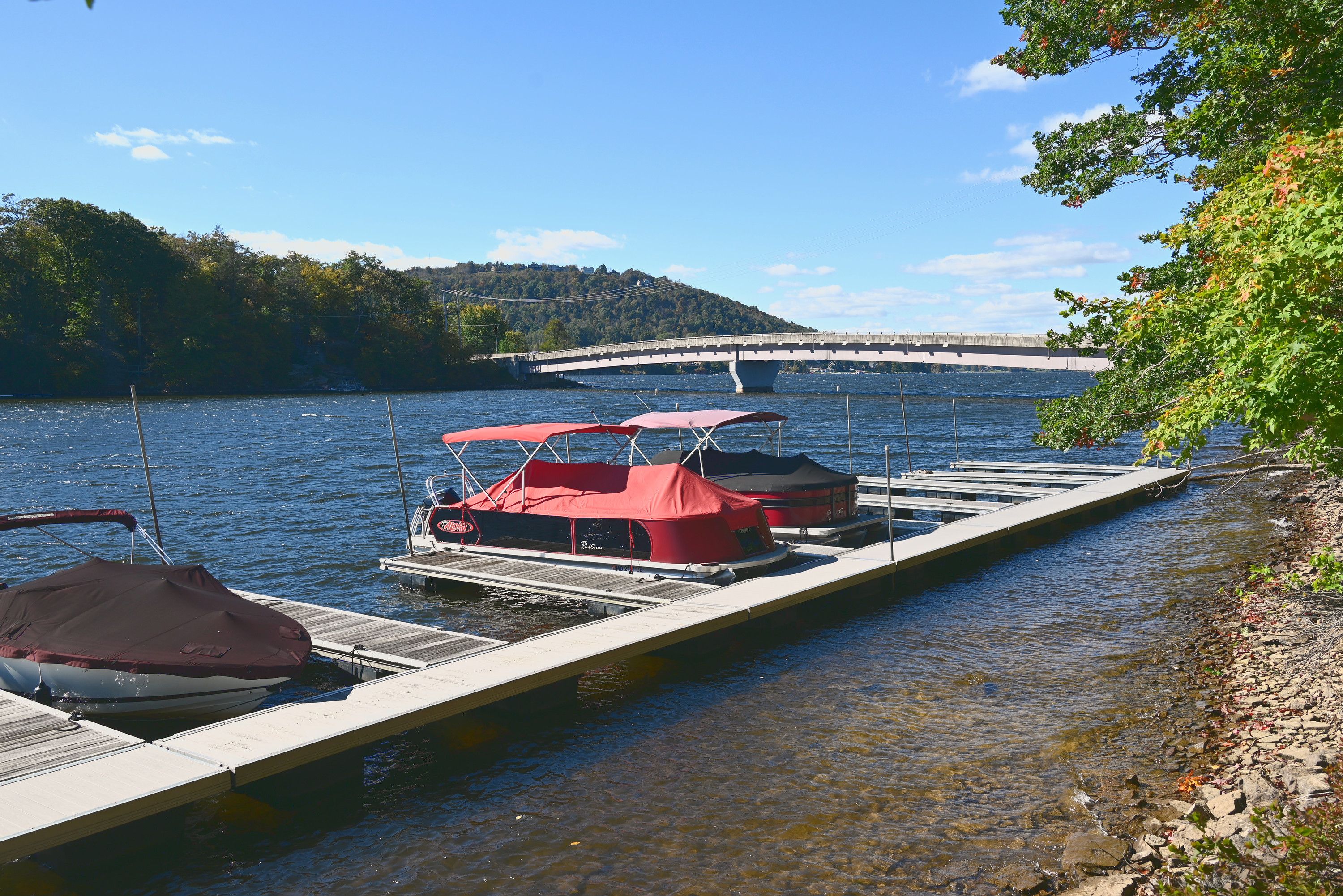 A dock with boats and a bridge in the background.