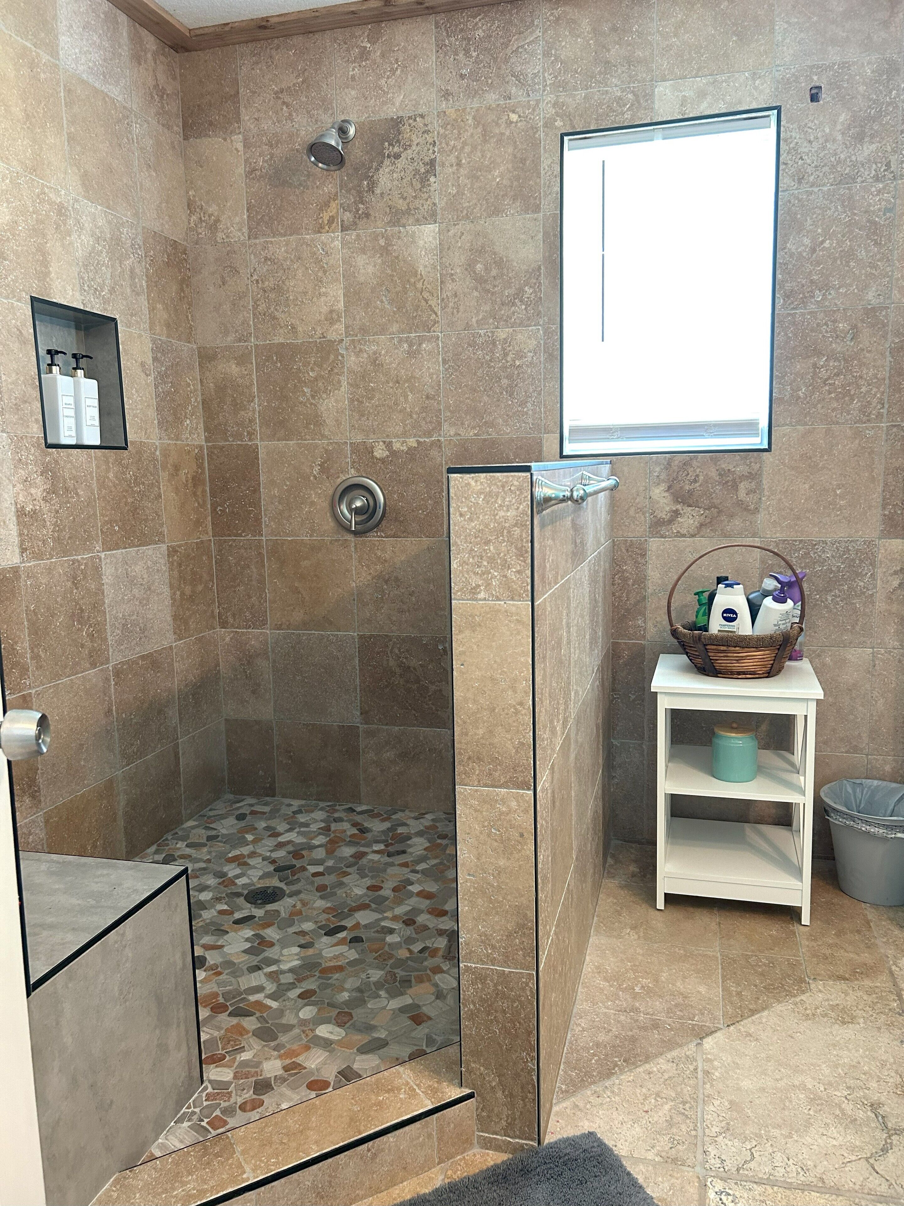 Shower, towels, soap, shampoo
