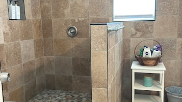 Shower, towels, soap, shampoo