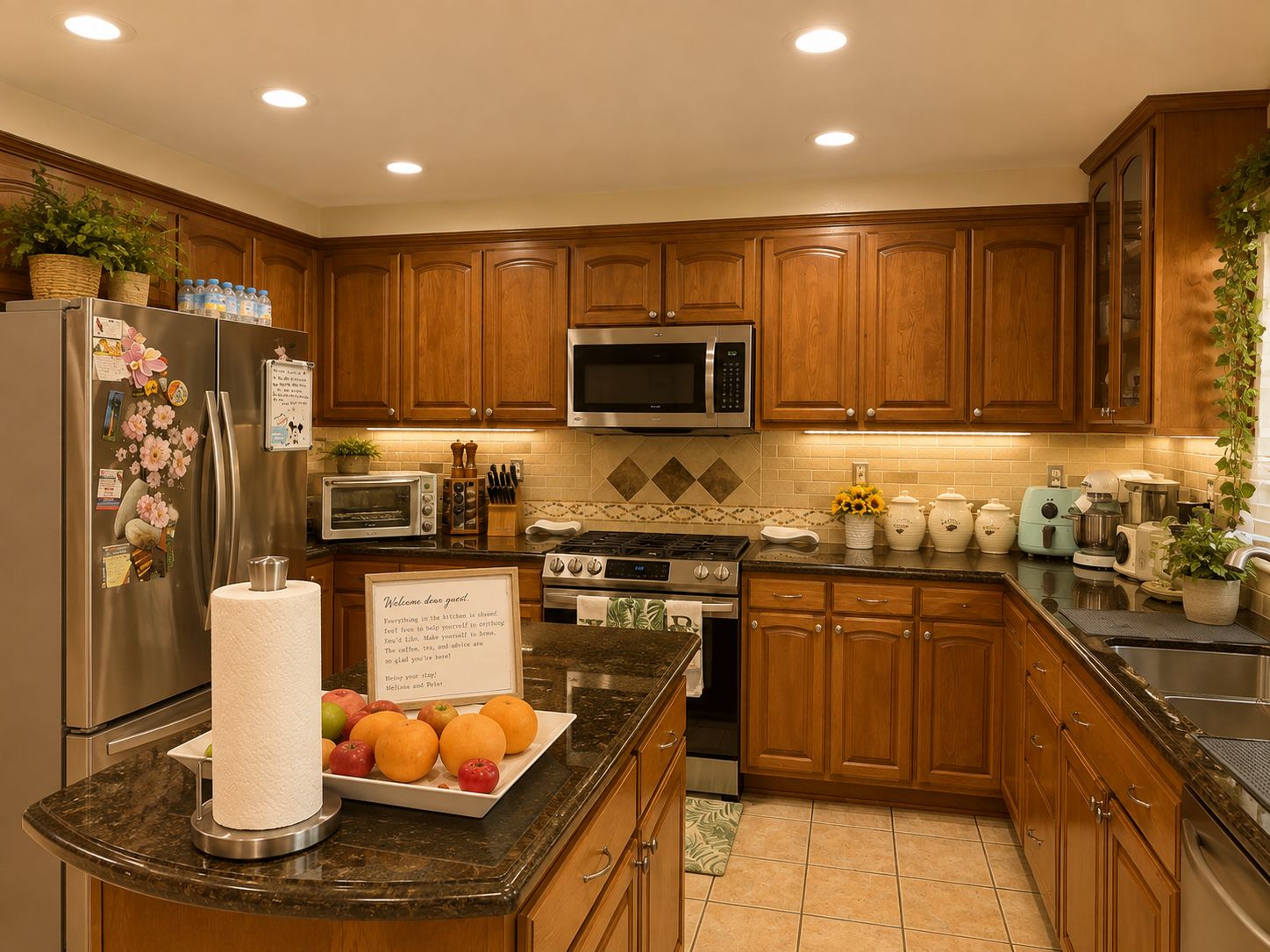 A kitchen with wooden cabinets, a stainless steel refrigerator, a microwave, a stove, and various kitchen appliances.