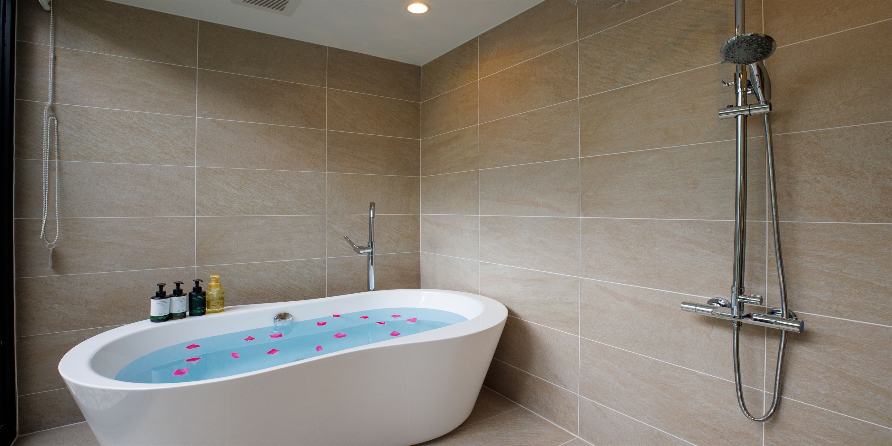 Une salle de bain moderne avec une baignoire îlot, une douchette à main et un ensemble de produits de toilette disposés sur le bord de la baignoire.