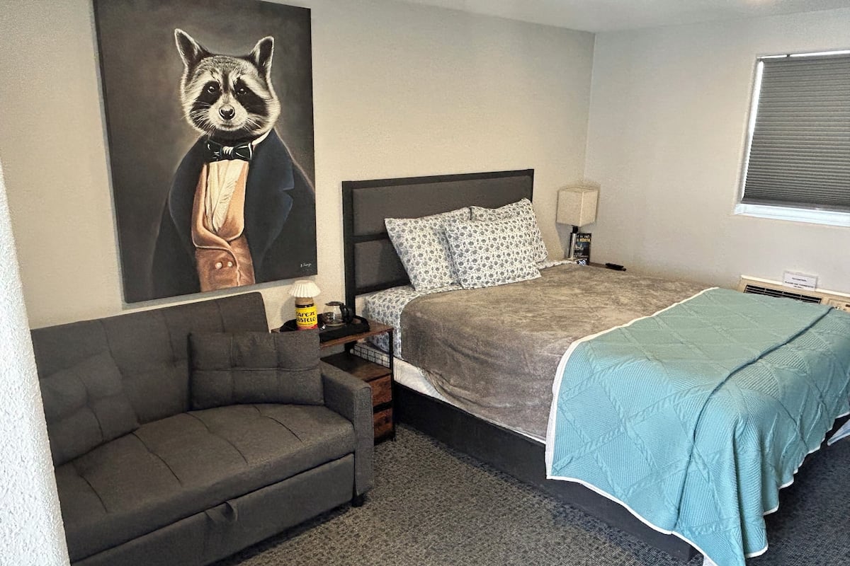 A bedroom with a bed, a grey sofa, a lamp, a nightstand, a raccoon painting, and a window.