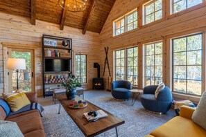 Smart TV, fireplace, video games, DVD player