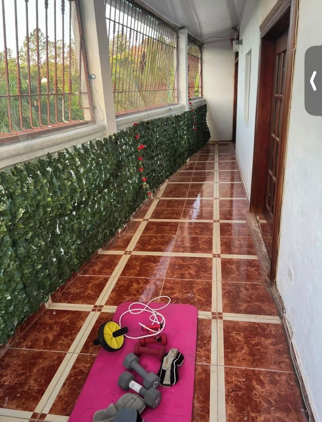 Un pasillo con suelo de baldosas, una colchoneta de ejercicio rosa y un seto verde.