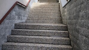 Steinelemente einer Treppe führen zu einem Hauseingang.